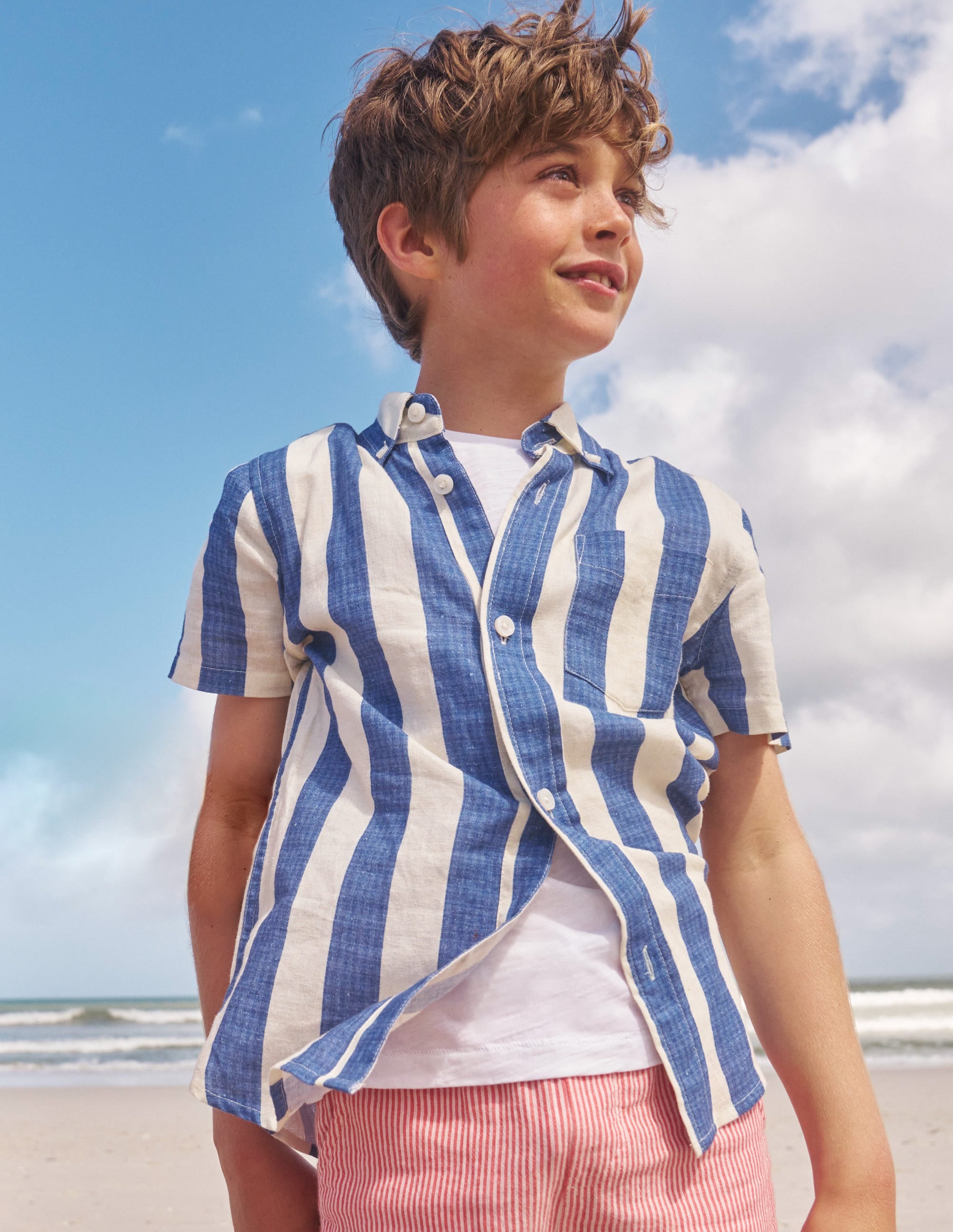Cotton Linen Shirt-Sapphire Blue / Ivory Stripe - Image 4