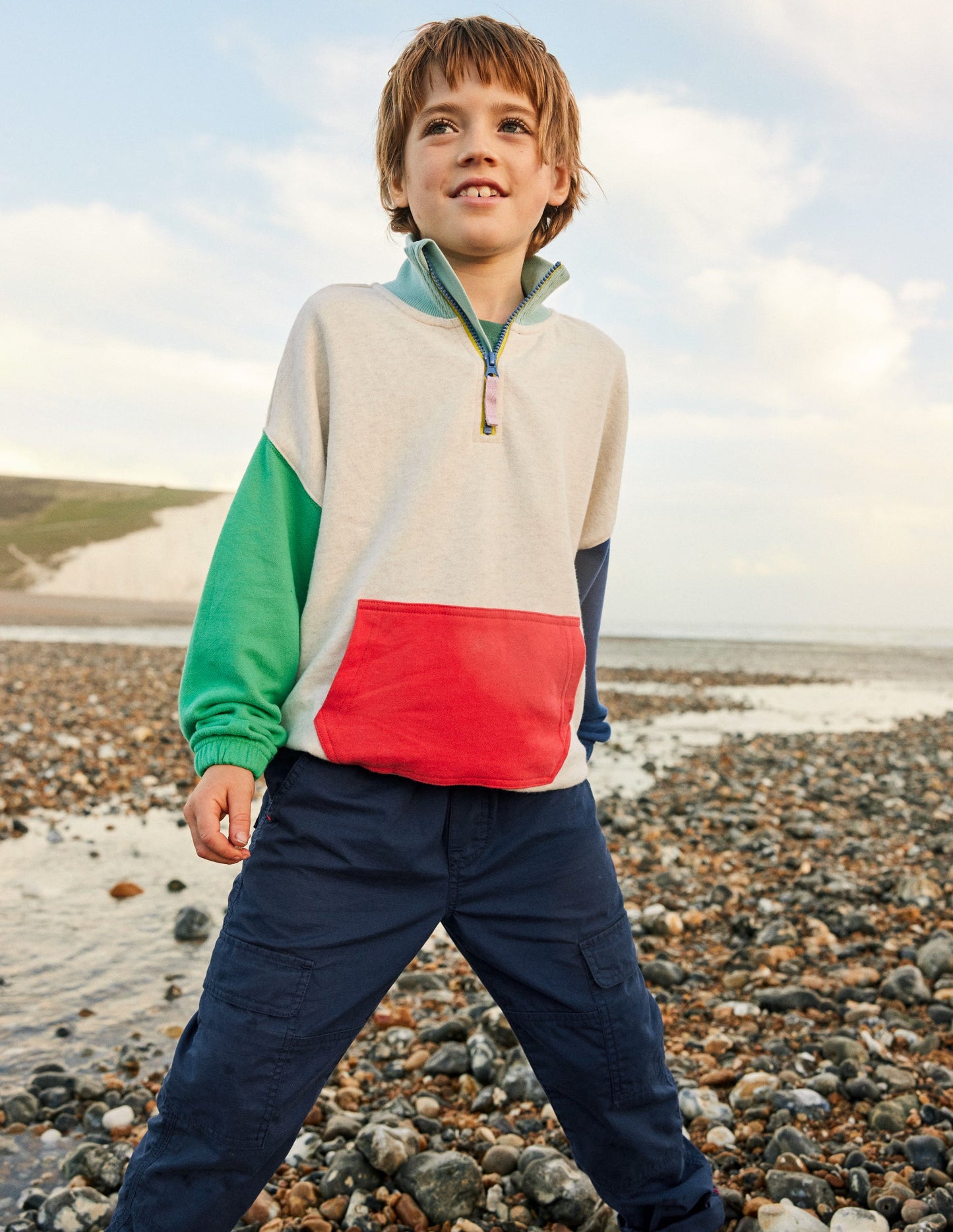 Colourblock Half Zip Sweat-Oatmeal Marl Colourblock