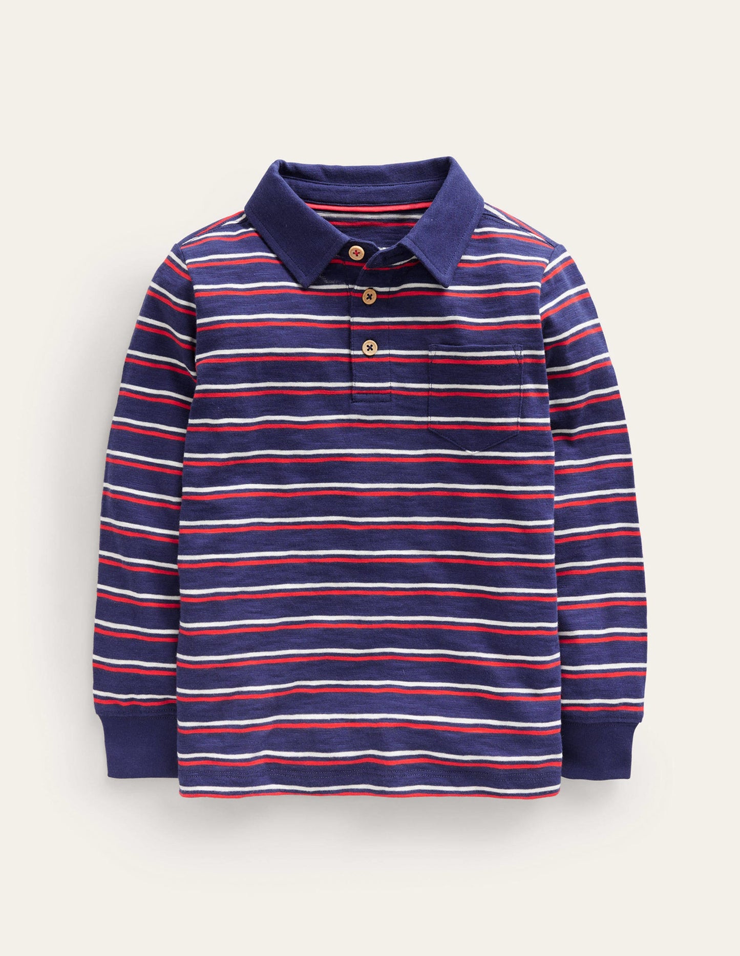 Slubbed Long-Sleeve Polo Shirt-Ivory/Sapphire Blue/Poppy Red