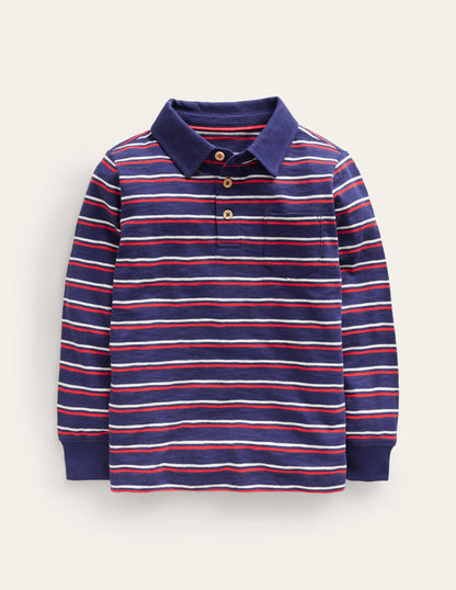 Slubbed Long-Sleeve Polo Shirt-Ivory/Sapphire Blue/Poppy Red-1