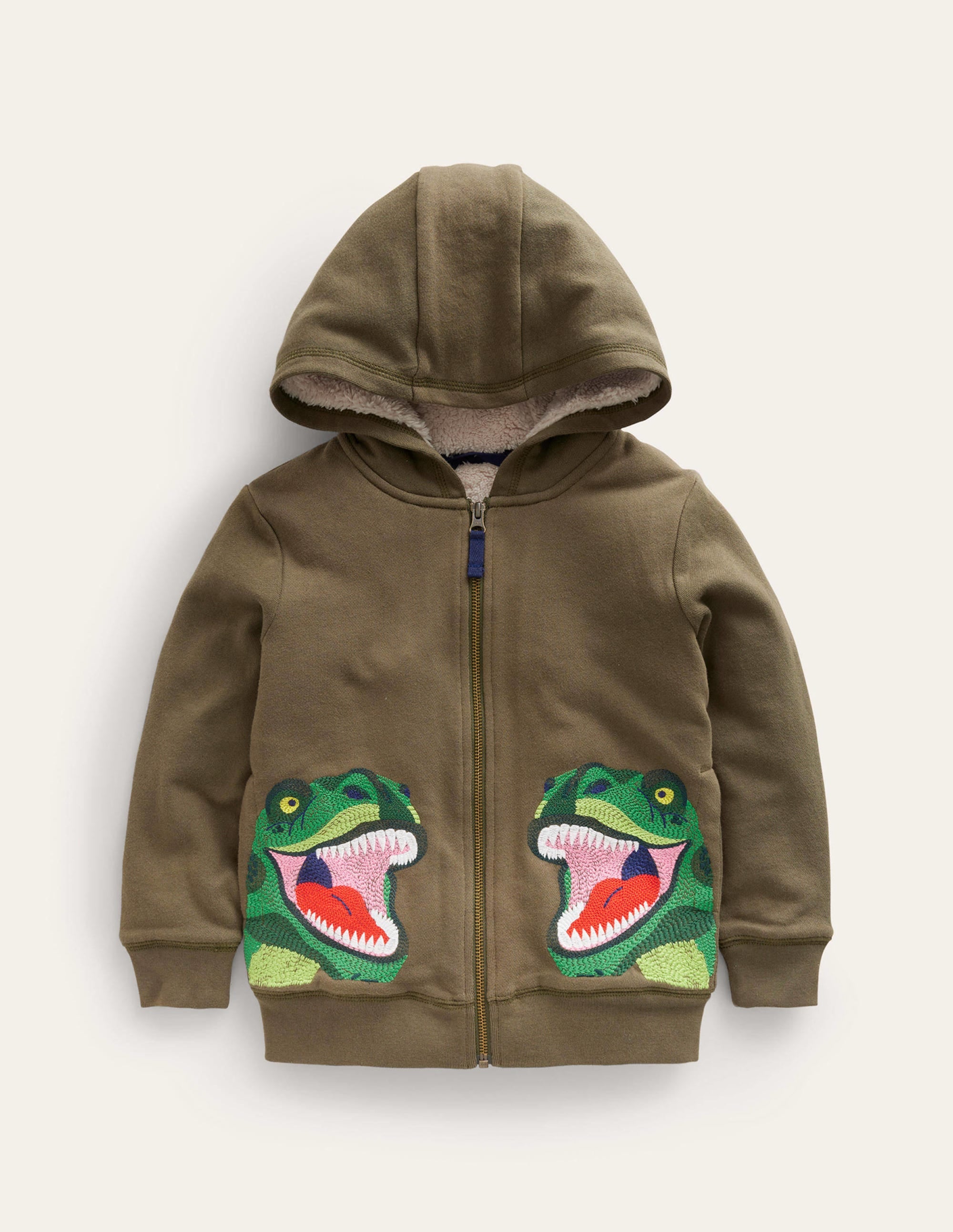 Shaggy-lined Appliqué Hoodie-Classic Khaki Dinosaur - Image 1