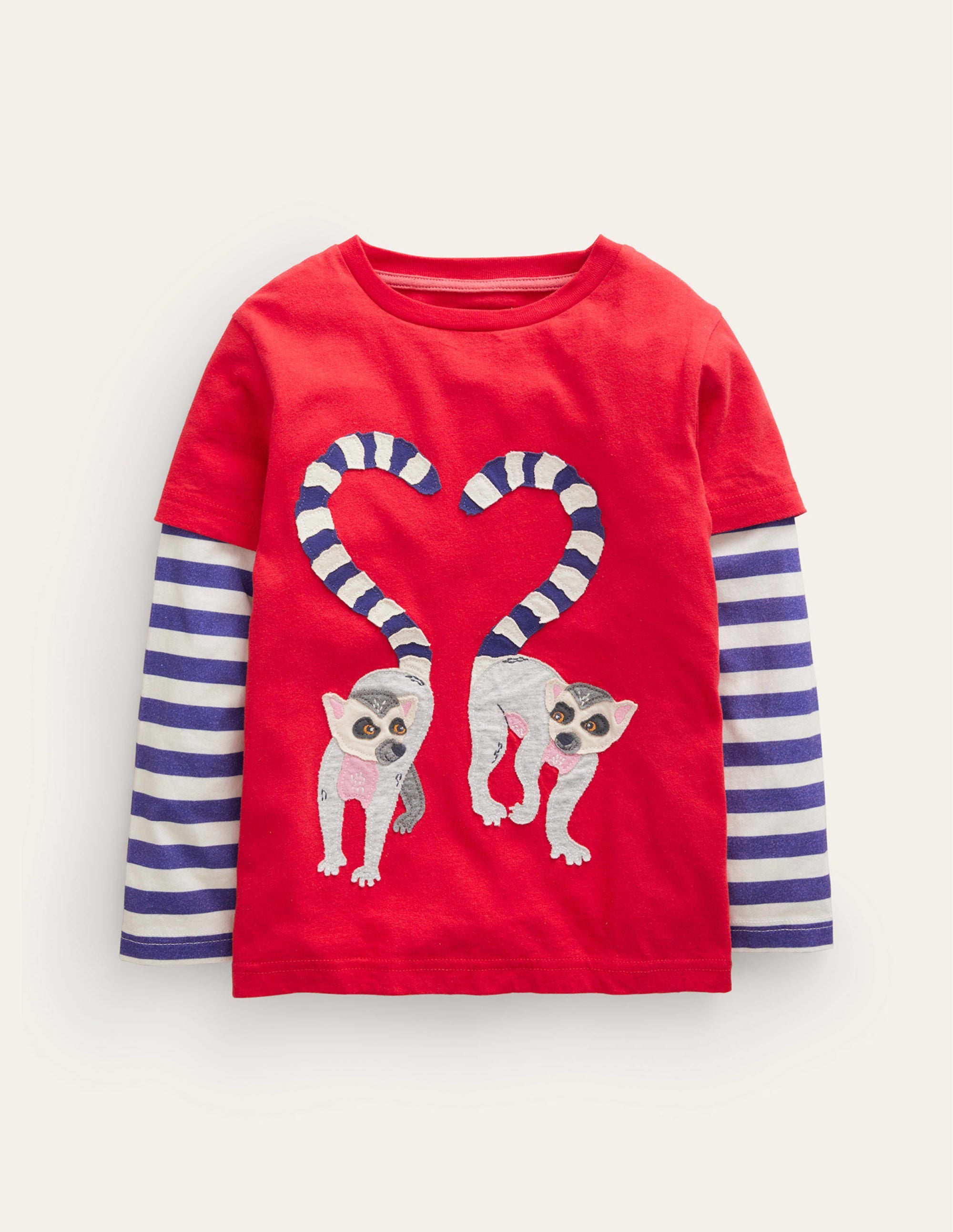 Lemur Appliqué T-shirt-Poppy Red Lemurs - Image 1