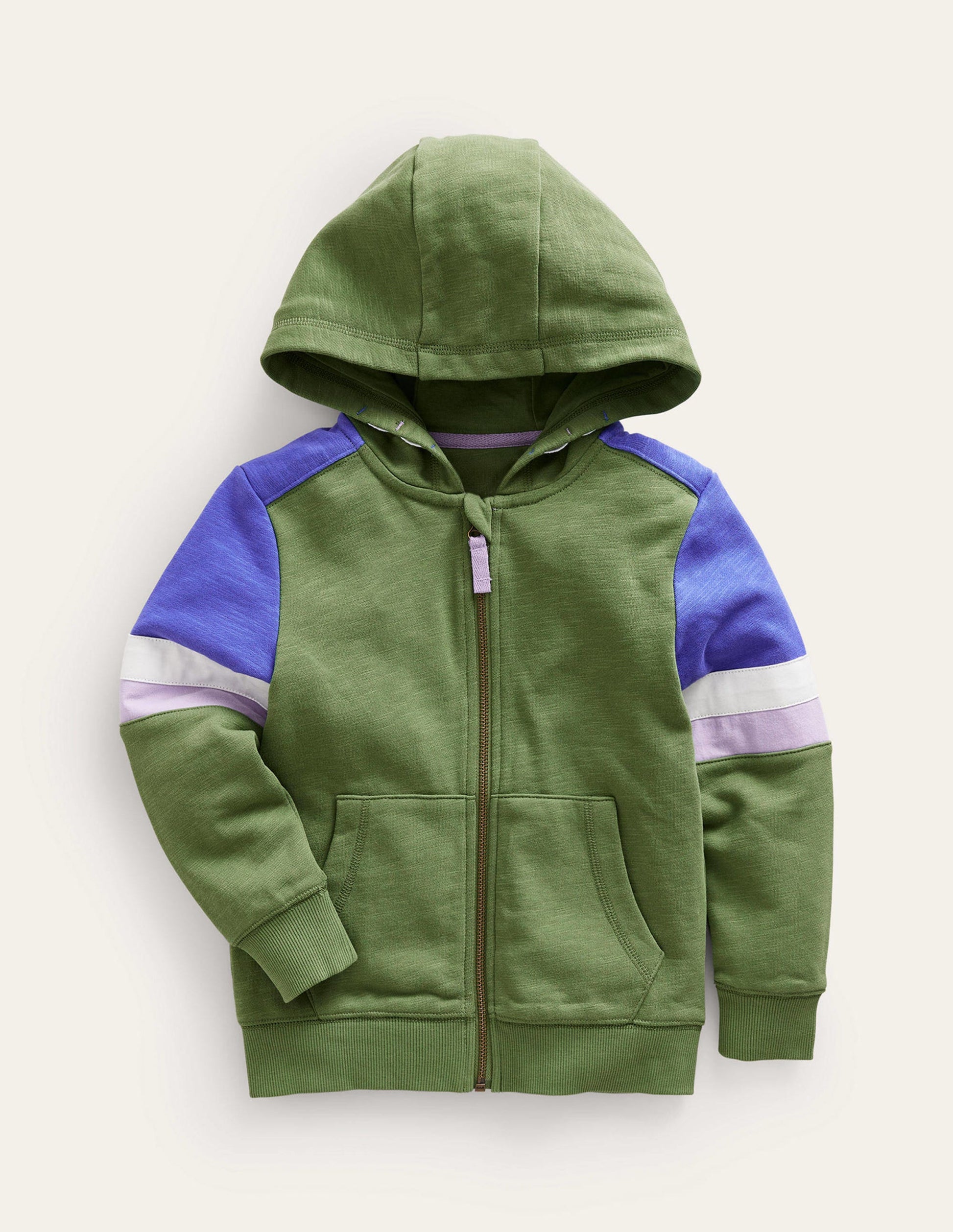 Colourblock Zip Hoodie-Safari Green/Blue Heron-1