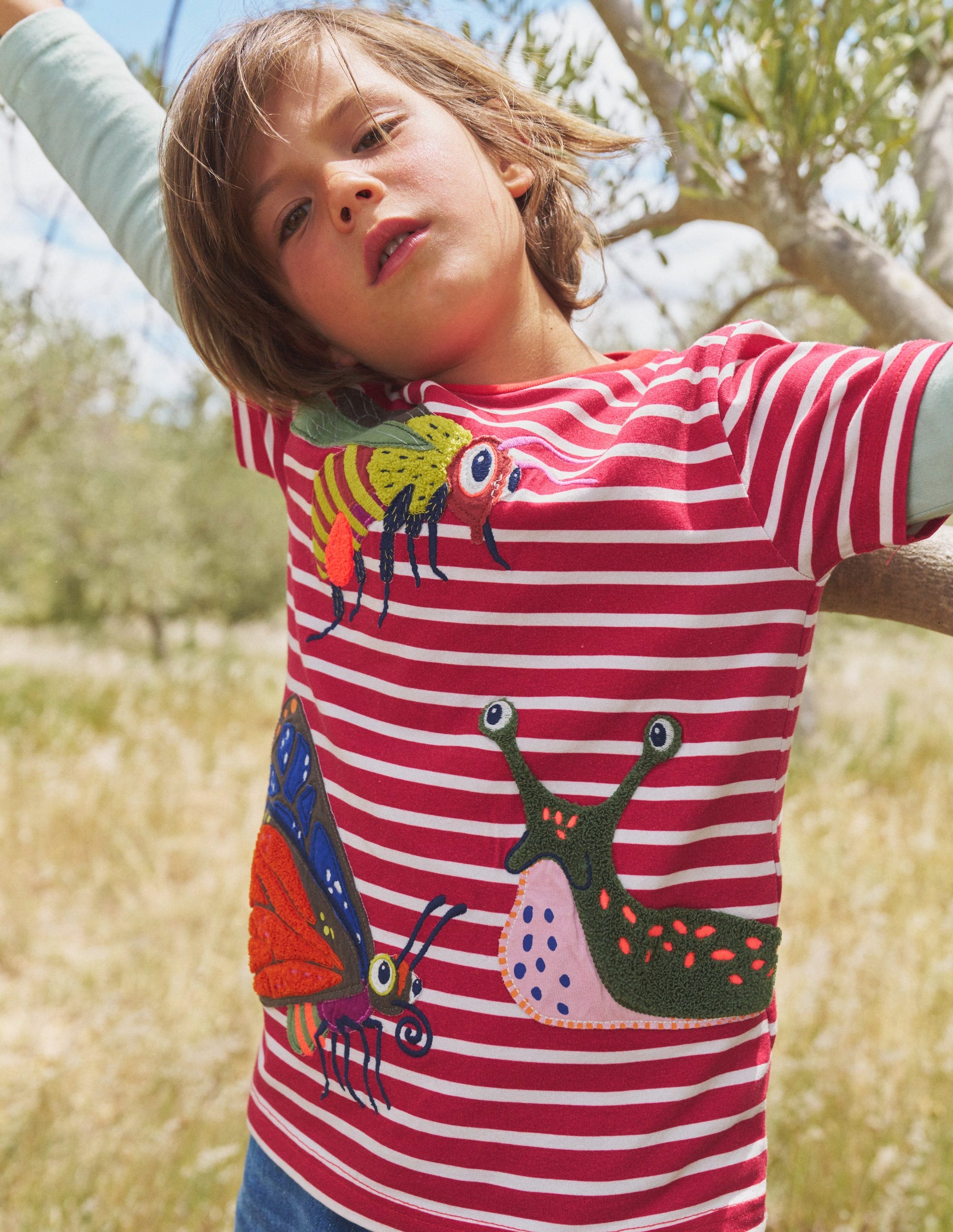 Appliqué Textured T-shirt-Jam Red/Ivory Bugs-1