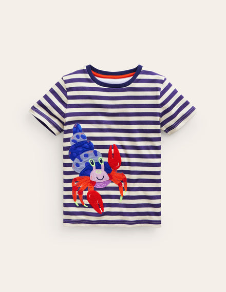 Appliqué Crab T-shirt-Sapphire Blue/Ivory Crabs