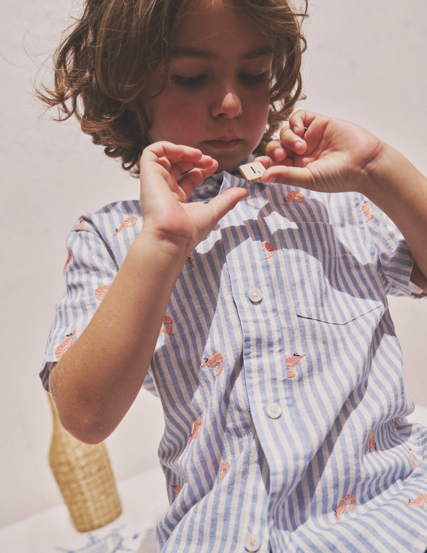 Cotton Linen Shirt-Surf Blue Stripe Prawns