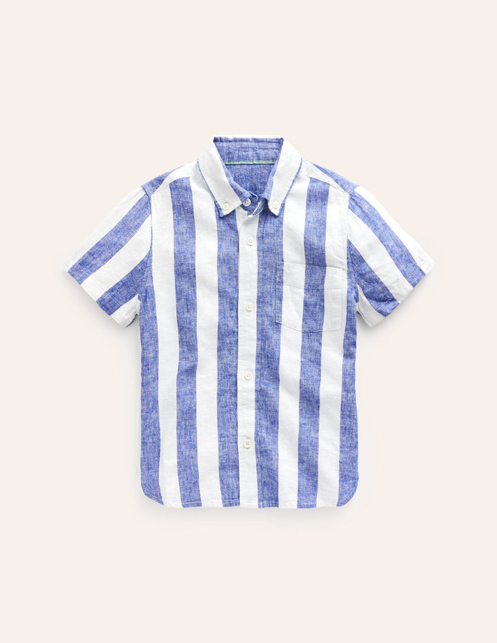 Cotton Linen Shirt-Sapphire Blue / Ivory Stripe