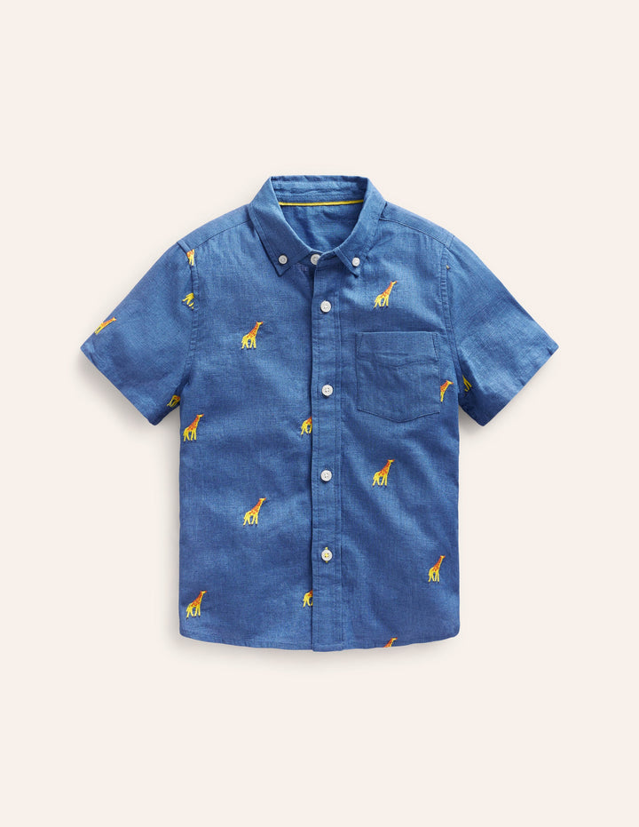 Cotton Linen Shirt-Chambray Giraffe Embroidery