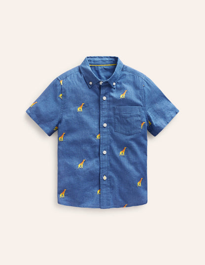 Cotton Linen Shirt-Chambray Giraffe Embroidery-1