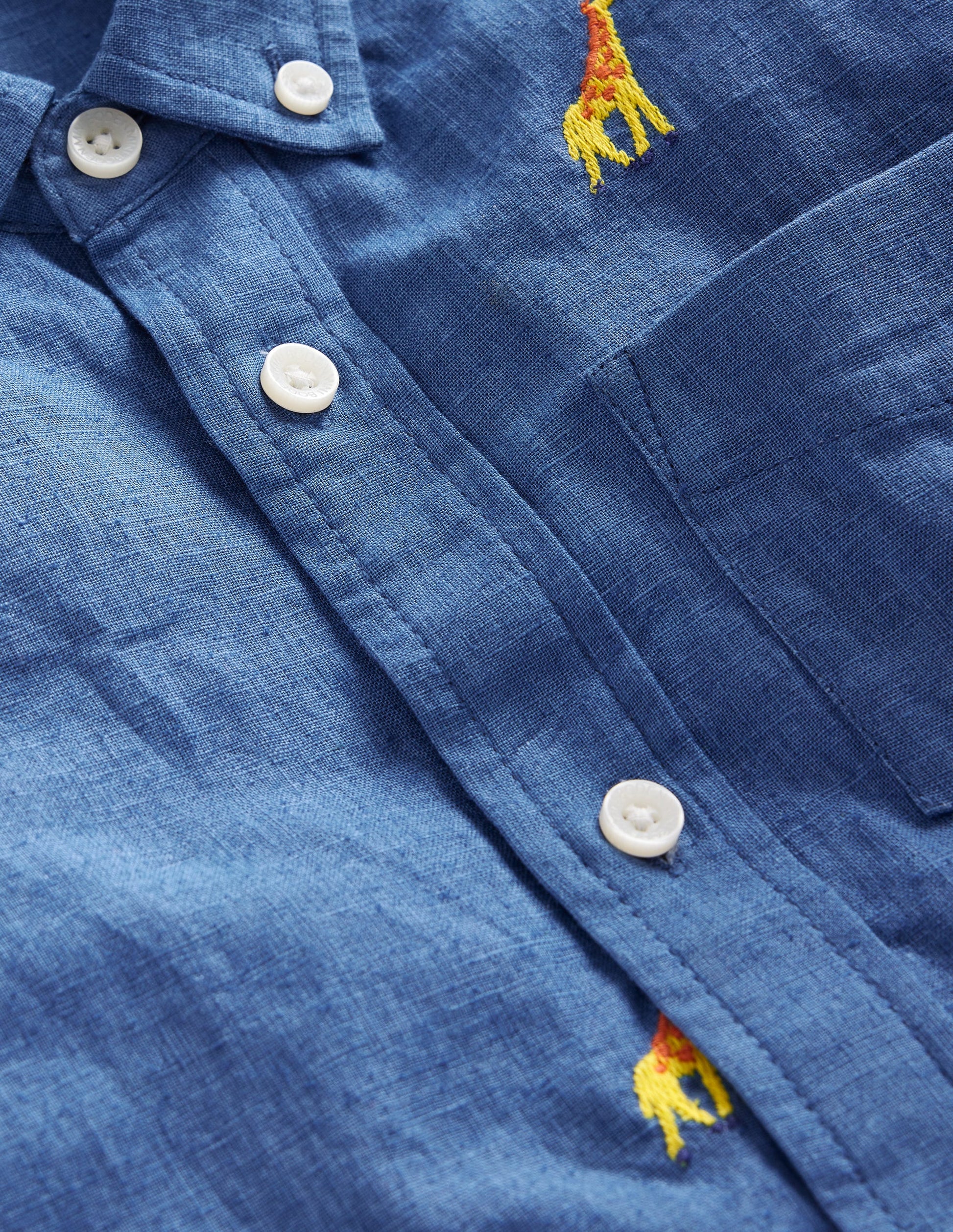 Cotton Linen Shirt-Chambray Giraffe Embroidery-3