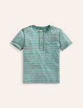 Washed Cotton Henley T-shirt-Green Spruce/ Ivory Stripe