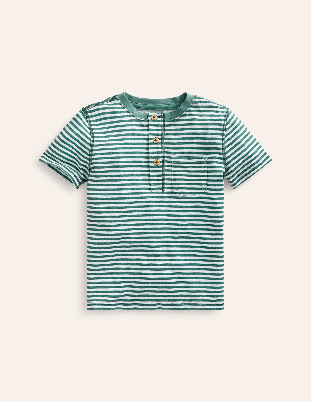 Washed Cotton Henley T-shirt-Green Spruce/ Ivory Stripe-1