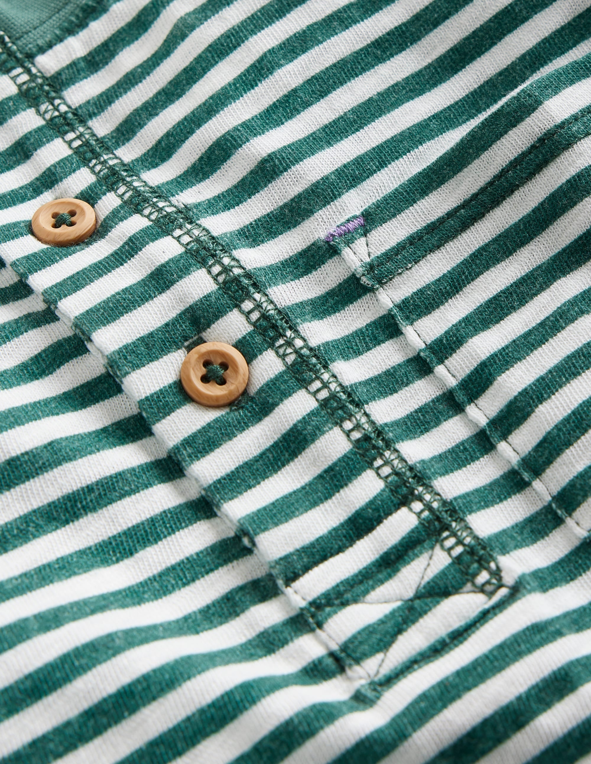 Washed Cotton Henley T-shirt-Green Spruce/ Ivory Stripe - Image 3