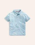 Embroidered Slub Polo Shirt-Vintage Blue Boat Embroidery