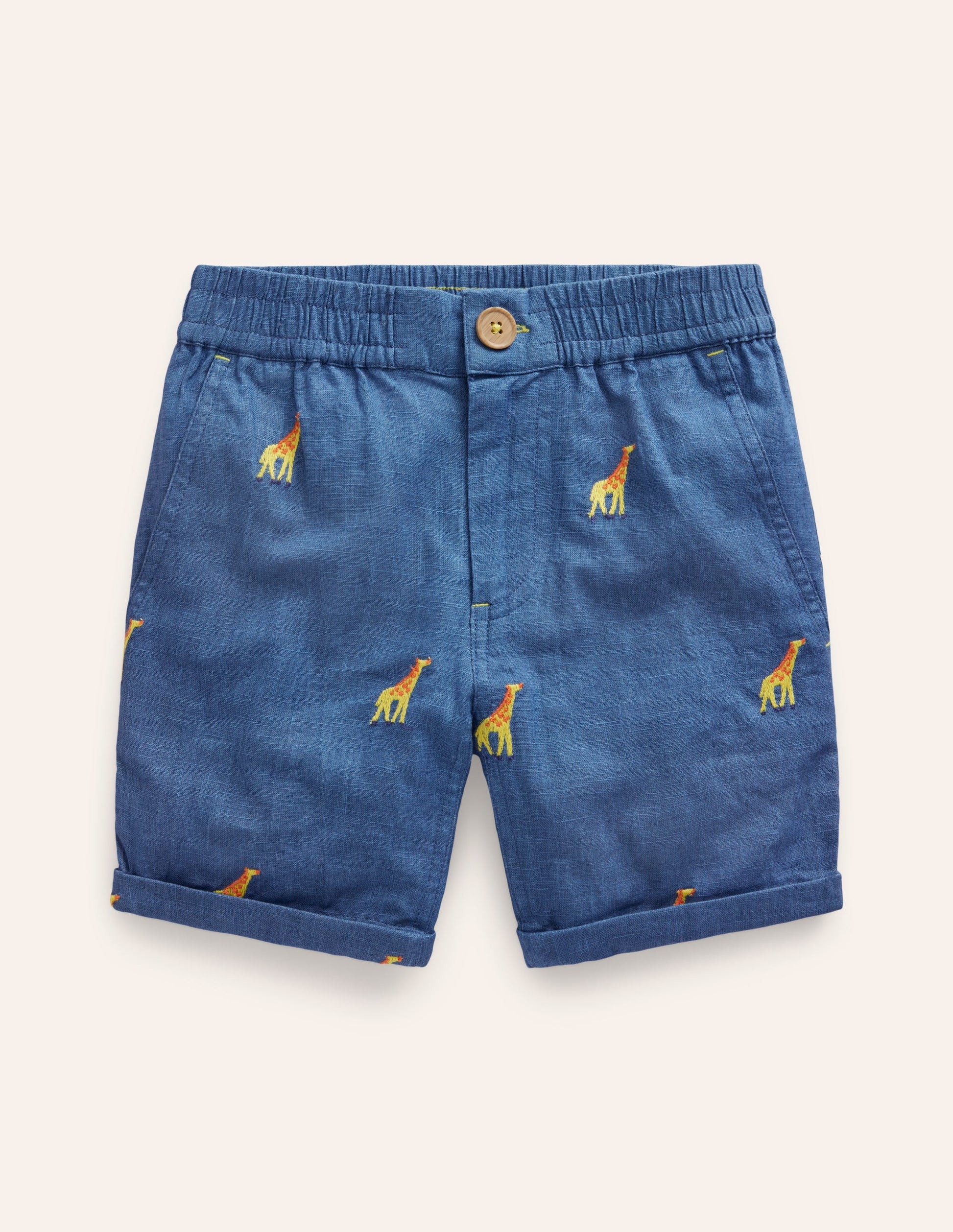 Smart Roll Up Shorts-Chambray Giraffe Embroidery-1