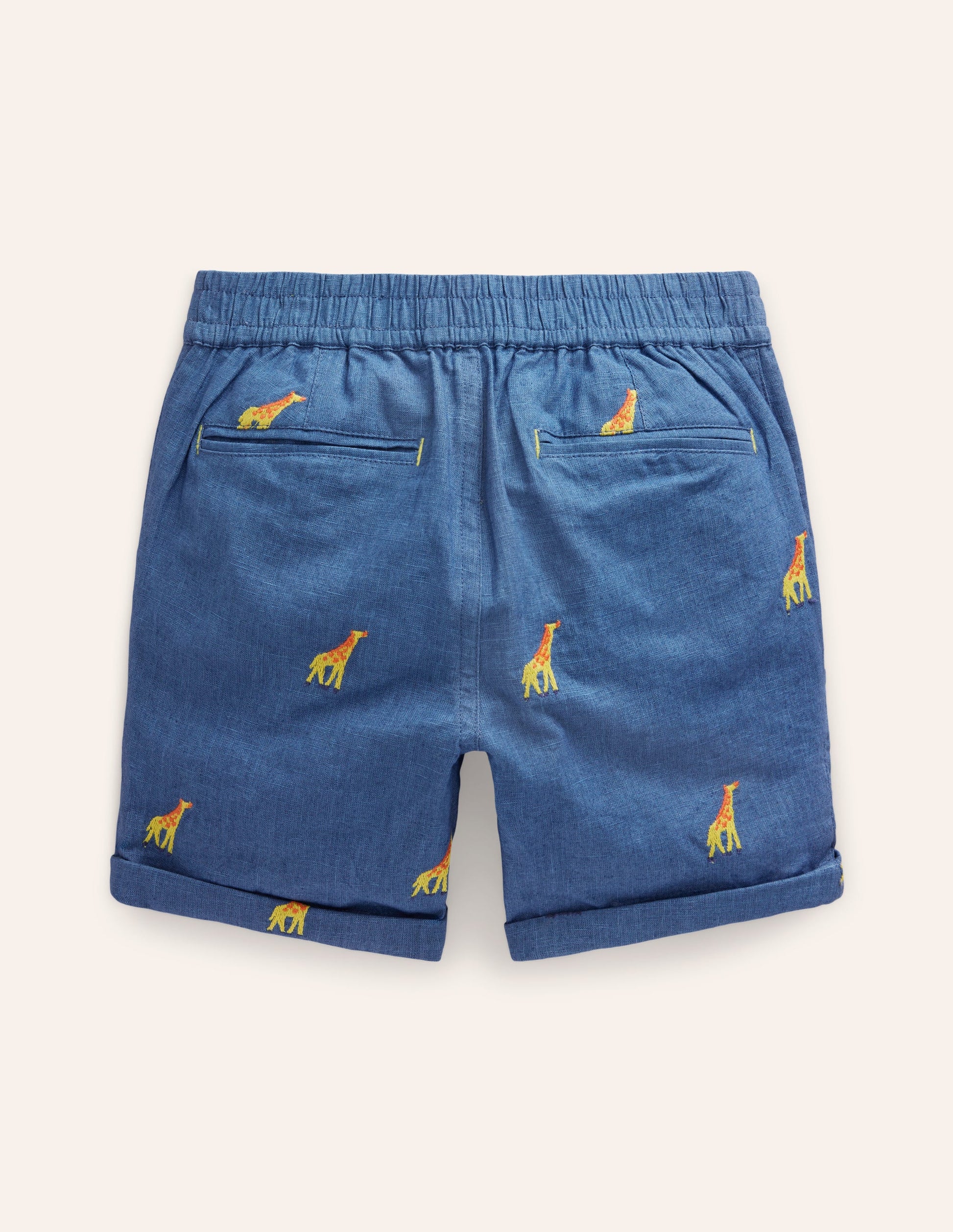 Smart Roll Up Shorts-Chambray Giraffe Embroidery-2