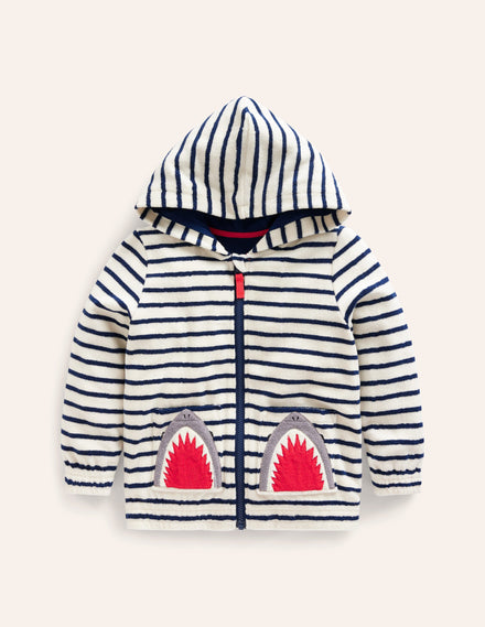 Towelling Zip-Through Hoodie-Ivory/ Greek Blue Stripe Shark