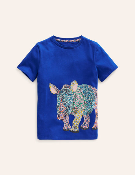 Appliqué Rhino T-shirt-Peacock Plume Blue