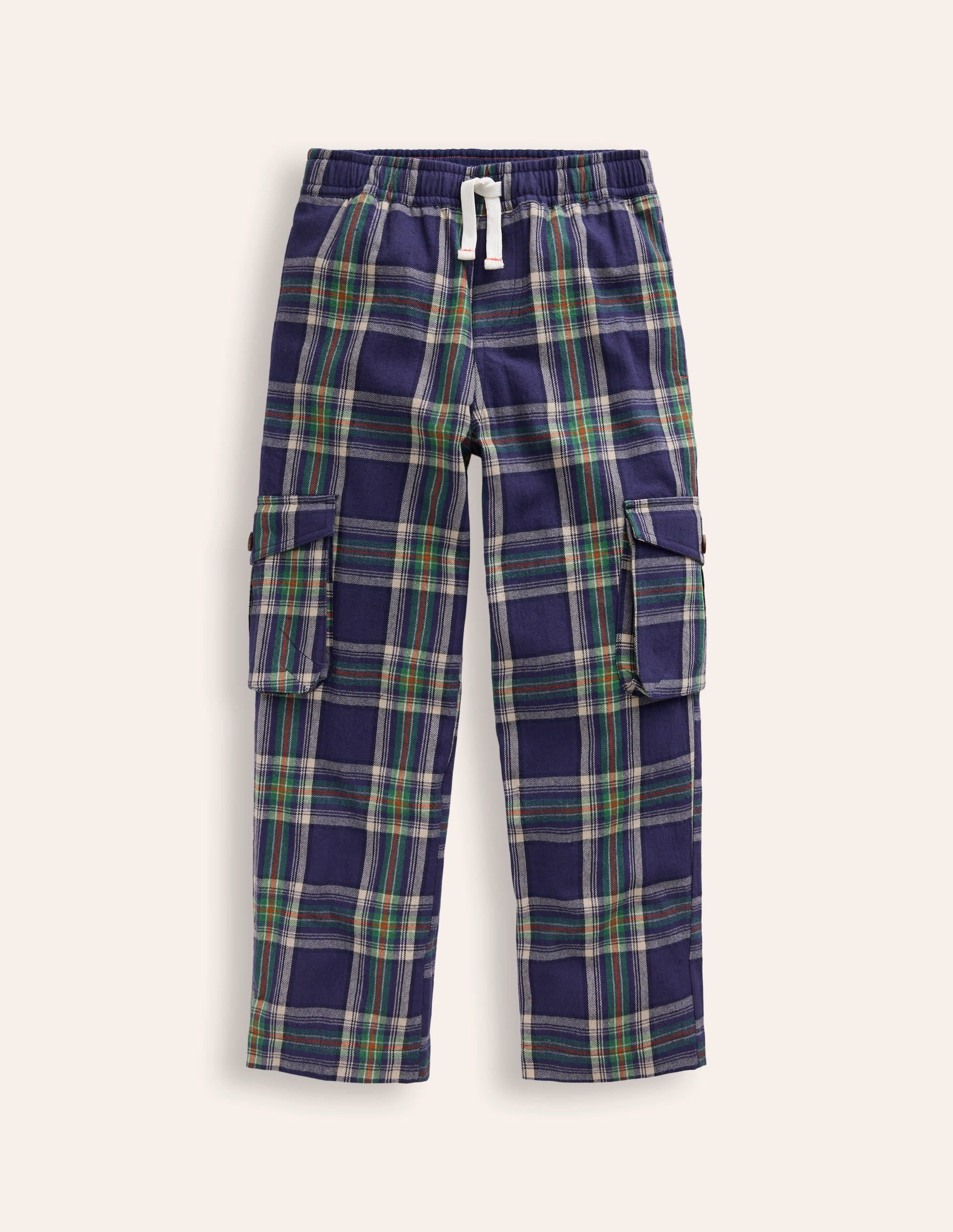 Cosy Lined Cargo Trousers-Navy / Green Check - Image 1