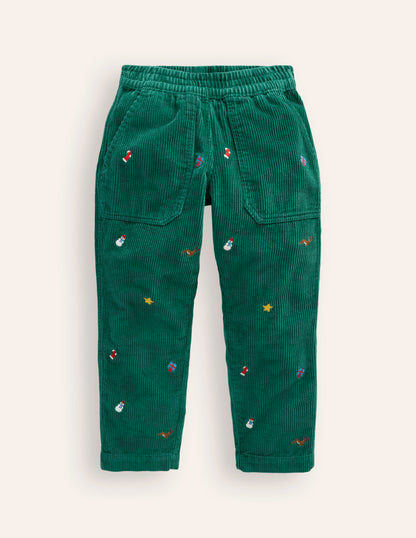 Pull-On Cord Trousers-Festive Embroidery