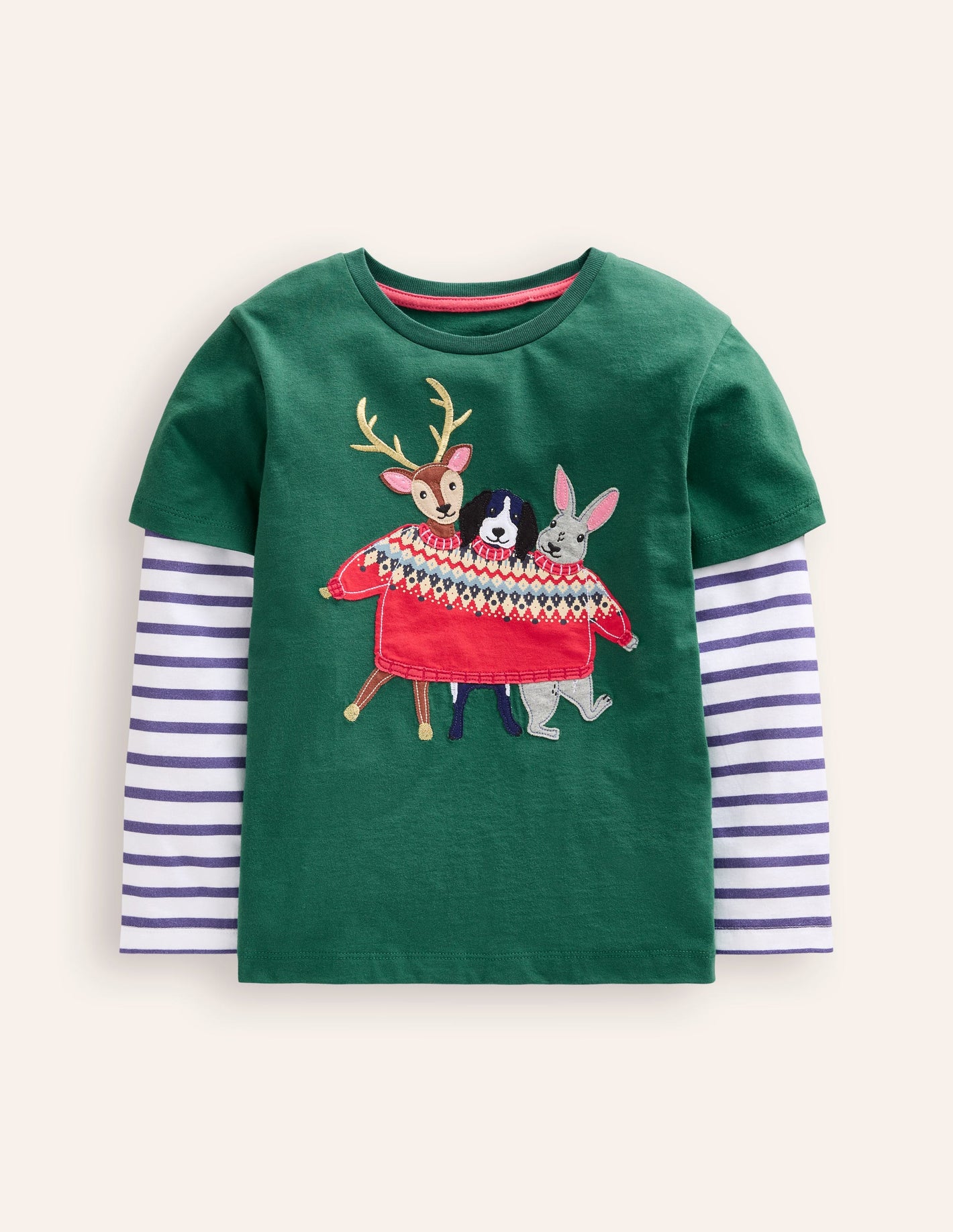 Applique Mock Sleeve T-Shirt -Jewel Green Festive Animals