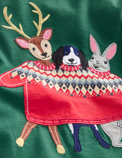 Applique Mock Sleeve T-Shirt -Jewel Green Festive Animals