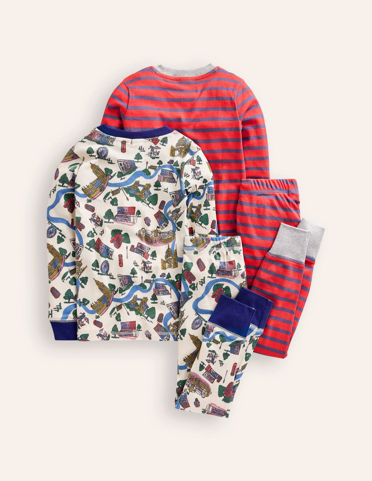 Snug Twin Pack Pyjamas-London Scene and Stripe