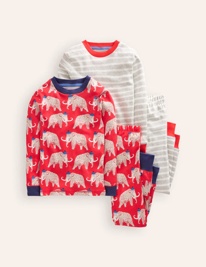 Snug Twin Pack Pyjamas-Red Mammoth and Grey Stripe