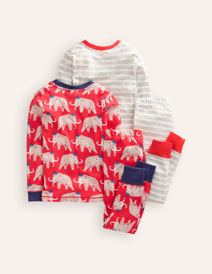 Snug Twin Pack Pyjamas-Red Mammoth and Grey Stripe