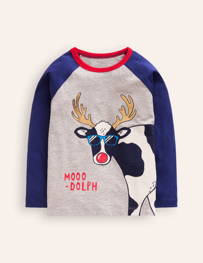 Festive Raglan T-Shirt-Grey Marl Moo-Dolph