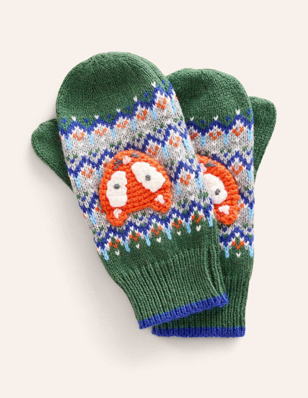 Fair Isle Novelty Mittens-Spruce Green Marl Fox - Image 1
