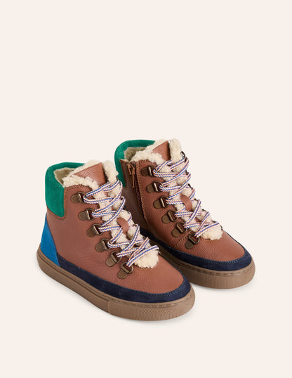 Cosy Leather Lace Up Boots-Tan Colourblock