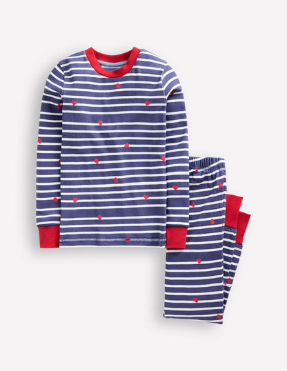 Snug Long John Pyjamas-Navy Breton with Tiny Hearts