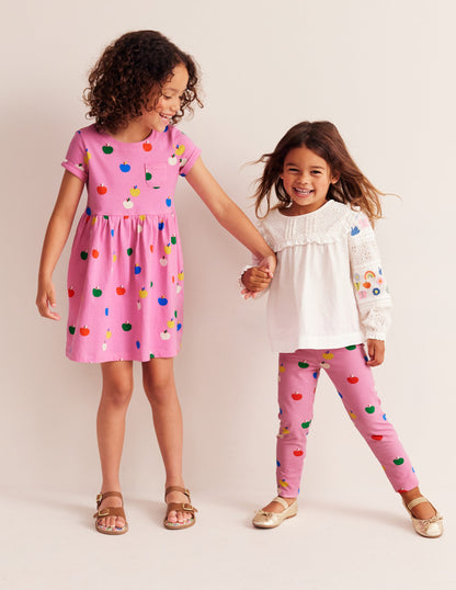 Short-sleeved Fun Jersey Dress-Cosmos Pink Rainbow Apples