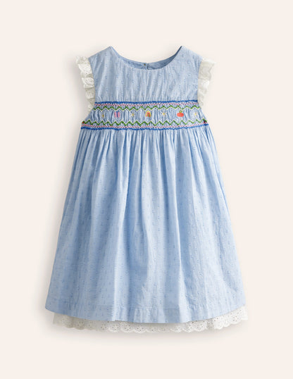 Smocked Lace Trim Dress-Mid Vintage Denim