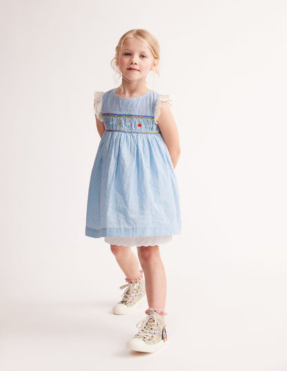 Smocked Lace Trim Dress-Mid Vintage Denim