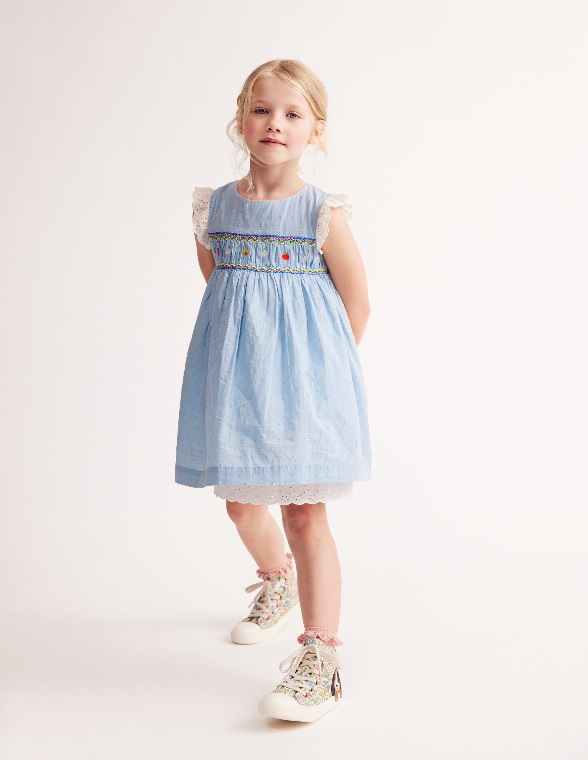 Smocked Lace Trim Dress-Mid Vintage Denim - Image 1