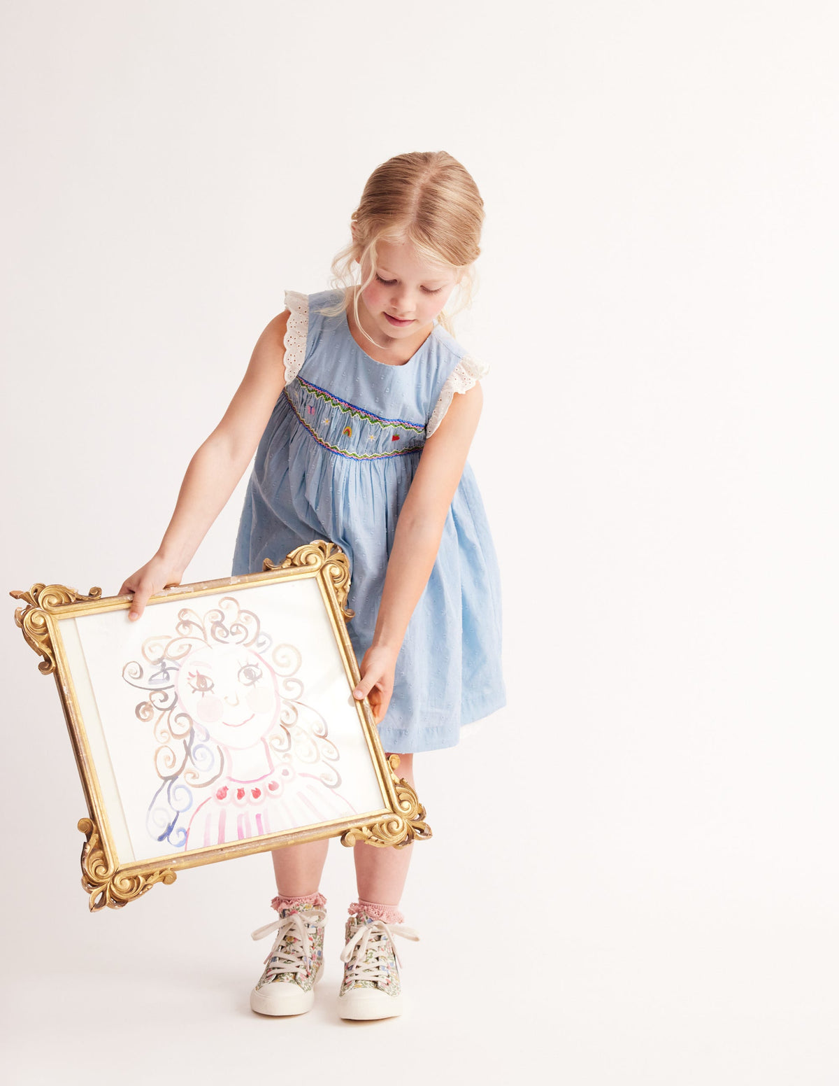 Smocked Lace Trim Dress-Mid Vintage Denim - Image 2