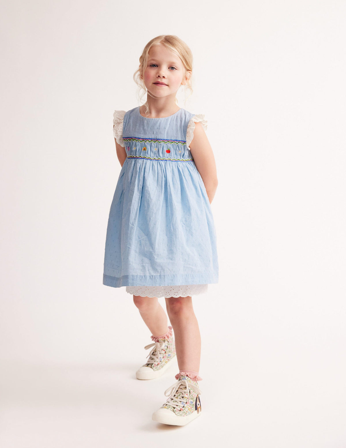 Smocked Lace Trim Dress-Mid Vintage Denim - Image 6