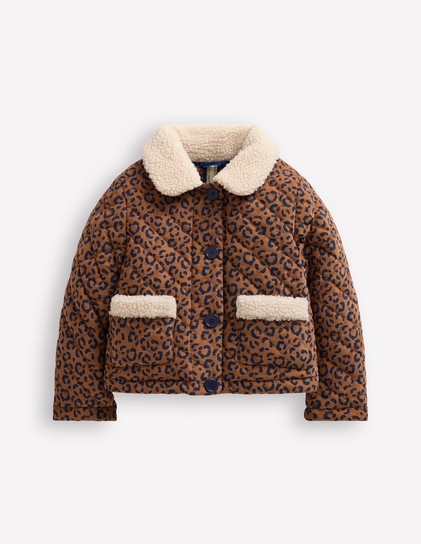 Borg Collared Cord Jacket-Tan Leopard Print