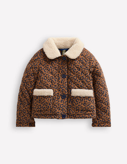 Borg Collared Cord Jacket-Tan Leopard Print-1