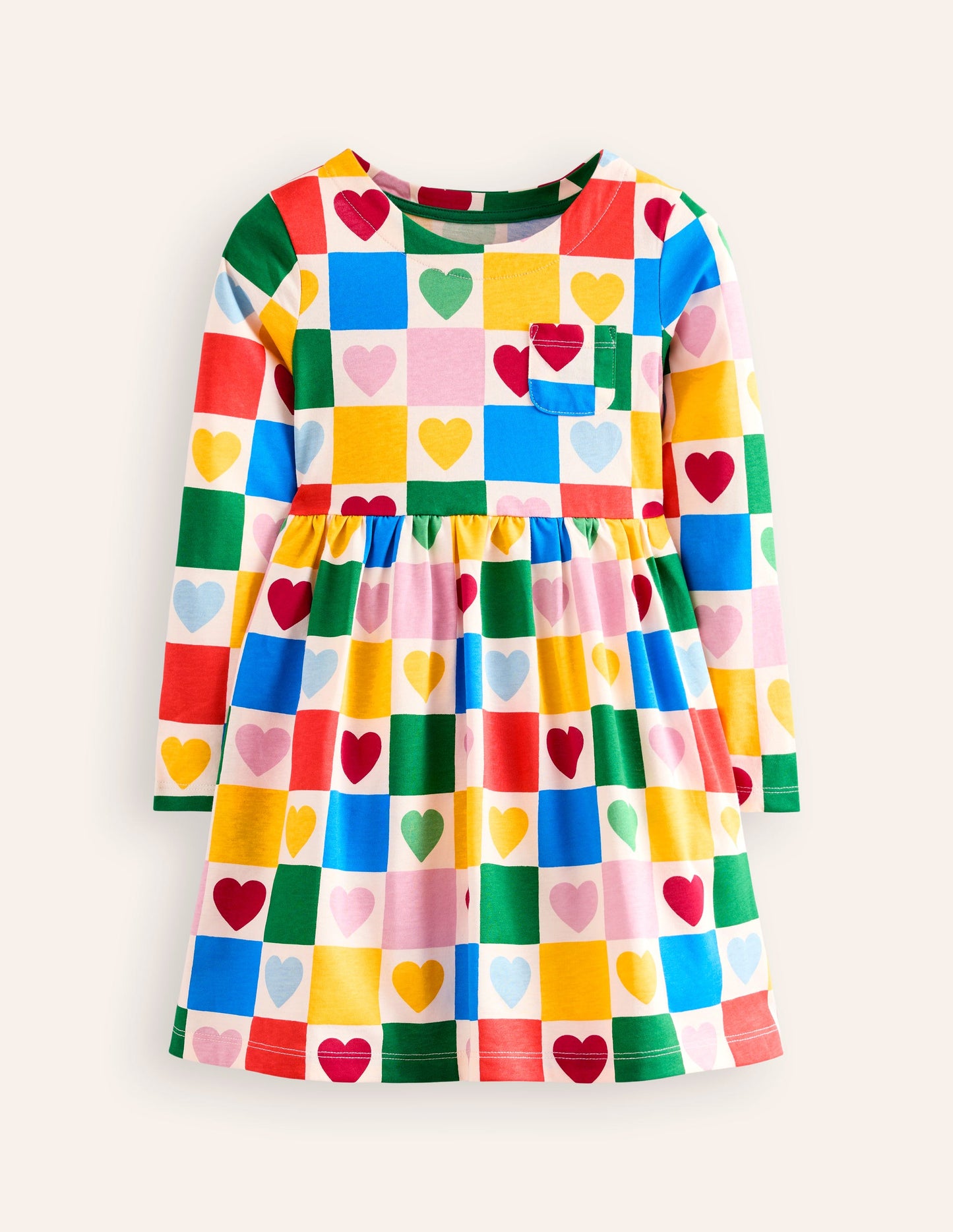 Long-Sleeved Fun Jersey Dress-Multi Chequerboard Hearts