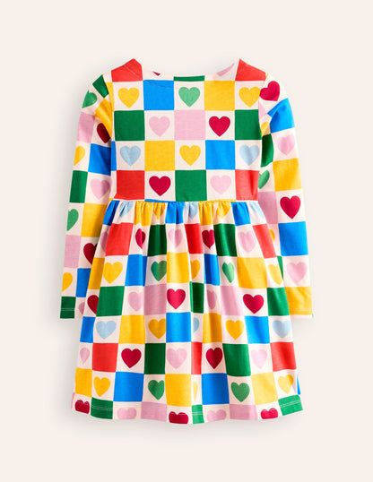 Long-Sleeved Fun Jersey Dress-Multi Chequerboard Hearts