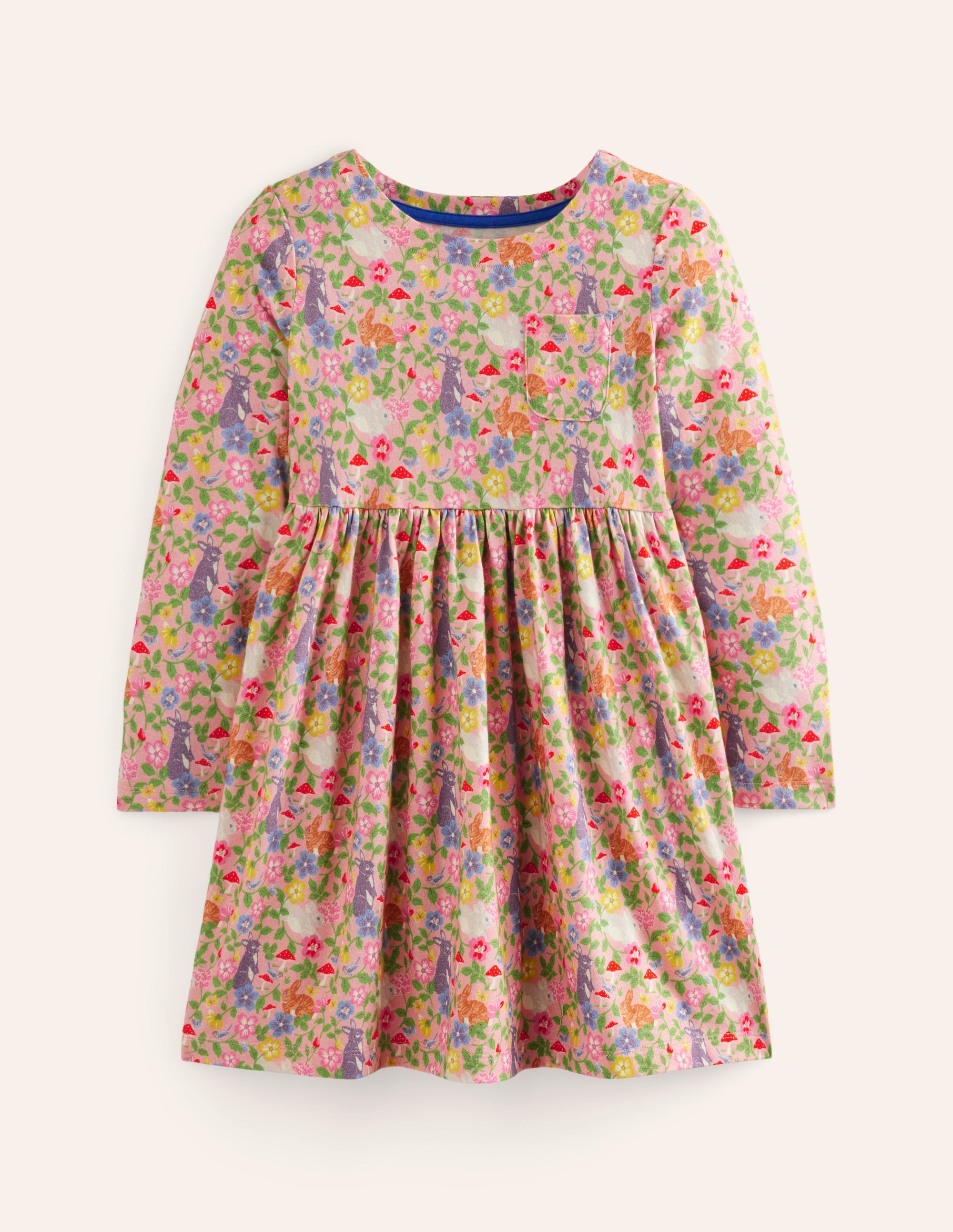 Long-Sleeved Fun Jersey Dress-Vintage Pink Bunny Field - Image 1