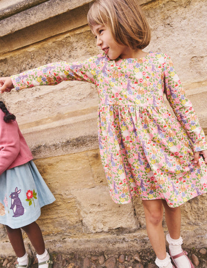 Long-Sleeved Fun Jersey Dress-Vintage Pink Bunny Field