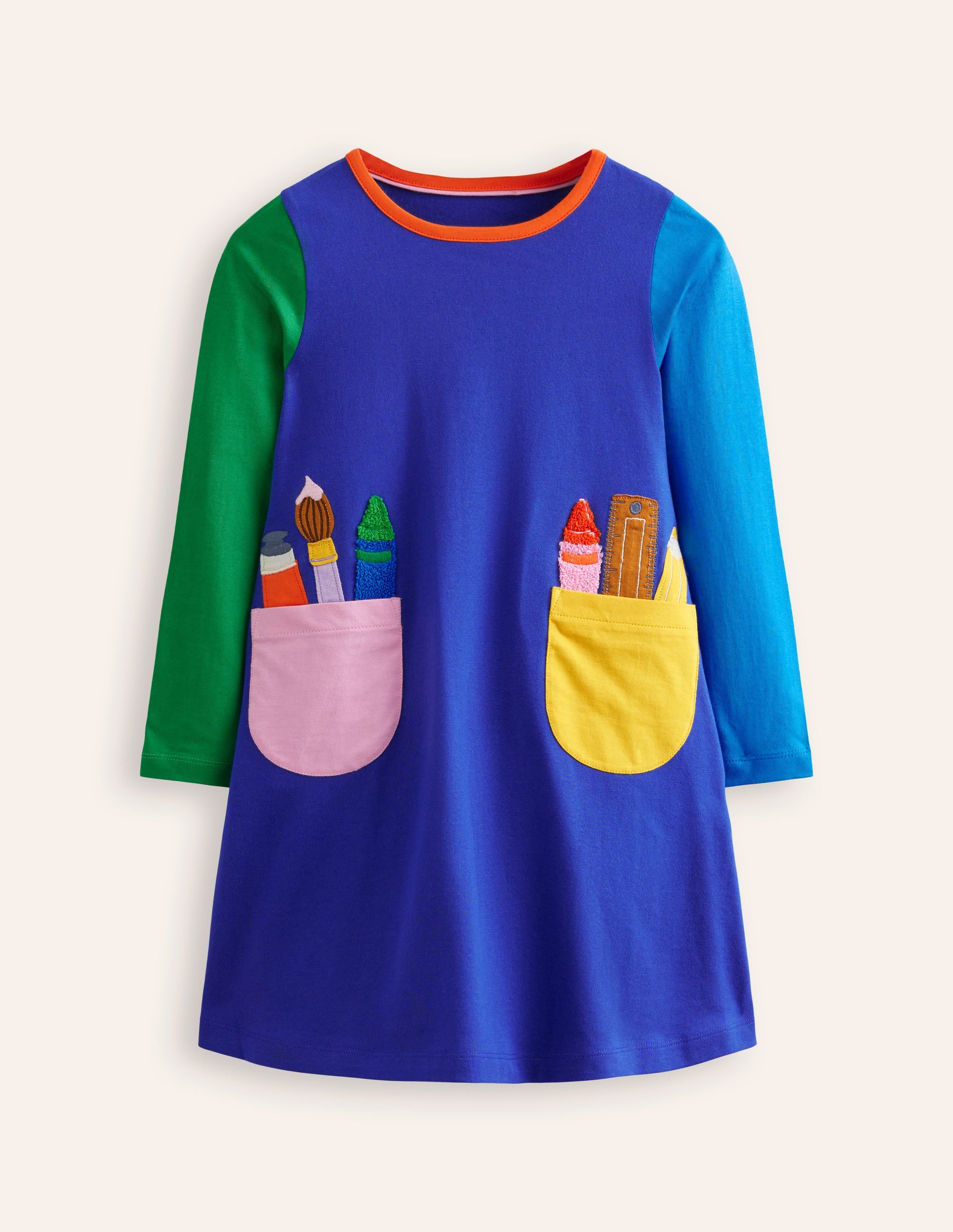 Elsie Big Appliqué Dress-Blue Back to School Pockets - Image 1