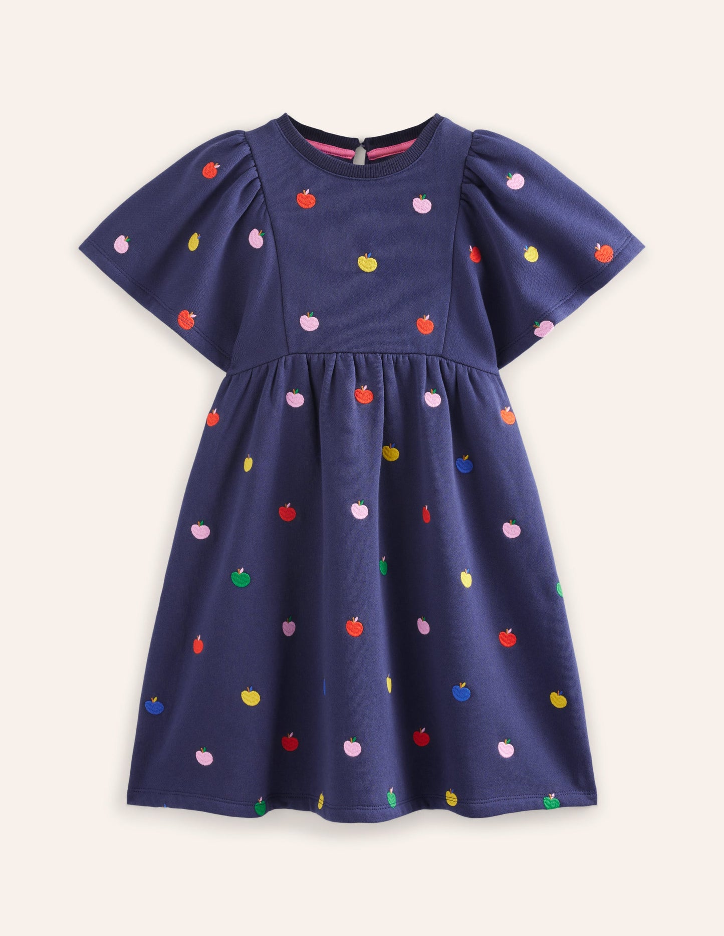 Embroidered Cosy Sweat Dress-College Navy Rainbow Apples