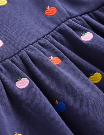 Embroidered Cosy Sweat Dress-College Navy Rainbow Apples