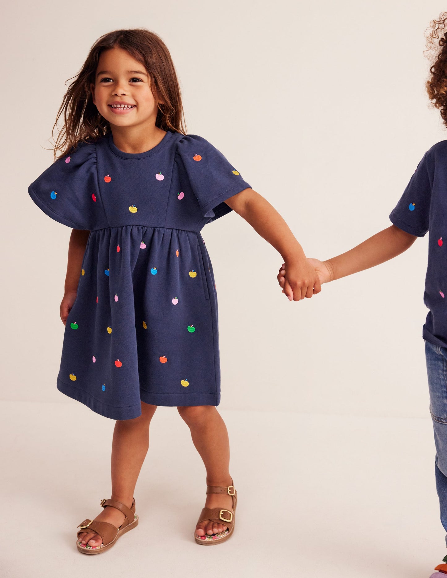 Embroidered Cosy Sweat Dress-College Navy Rainbow Apples