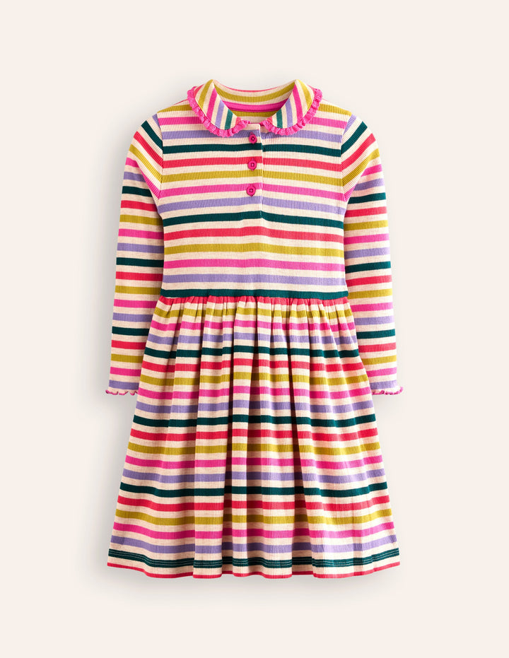 Collared Rib Twirly Dress-Oatmeal Melange Multi Stripe